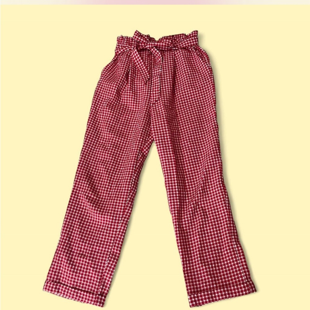 Red and White Gingham Tie Waist Pull On Wide Leg Pant